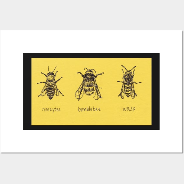 Get To Know Your Stripy Friends! Trio of honeybee, bumblebee, and wasp drawing. Wall Art by sadnettles